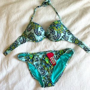 NWT Light Blue Paisley Bikini with push-up cups